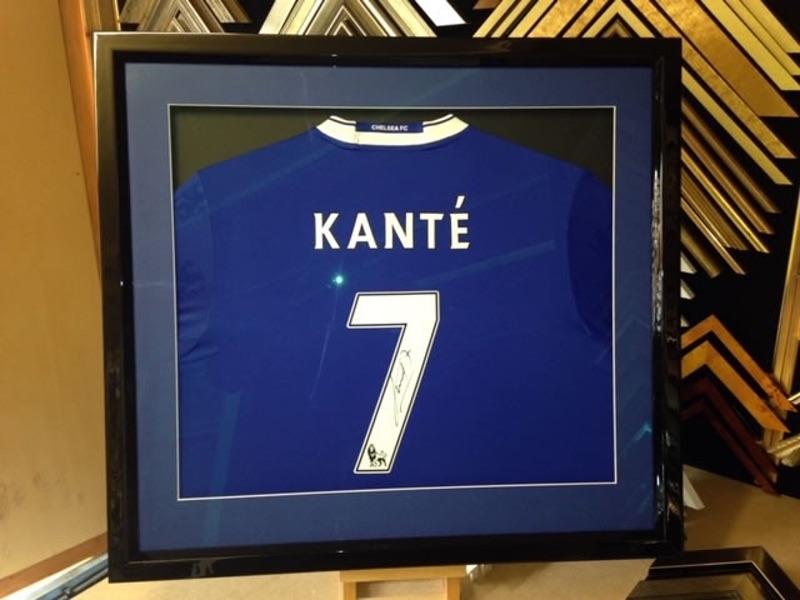 Signed Chelsea N'Golo Kante shirt framed in a gloss black box frame