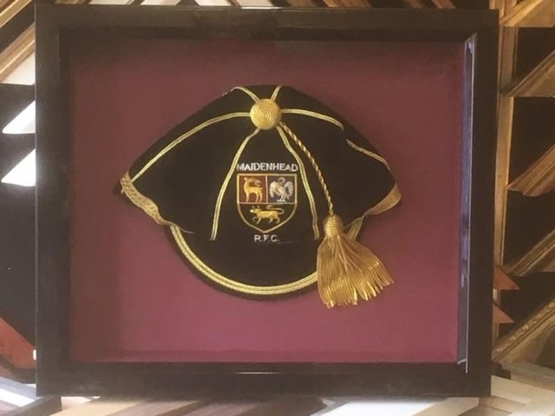 Maidenhead Rugby Club players cap framed in a gloss black moulding