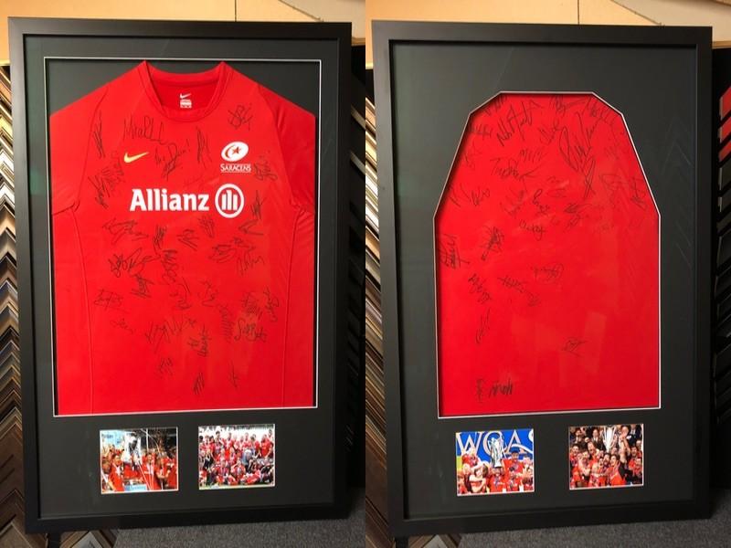 A Saracens RFC Shirt signed on front and back by past and present players, framed in a double side Matt black frame, mounted with photo inserts.