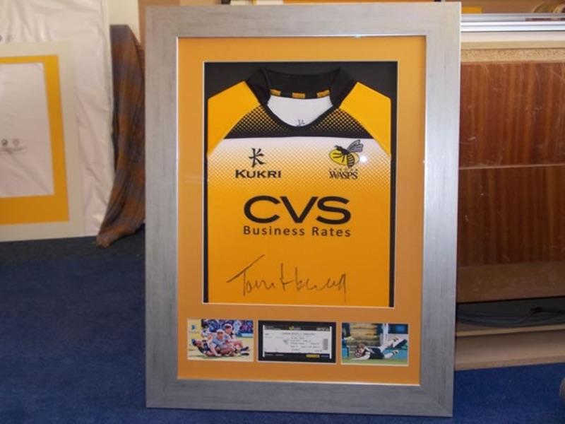 Signed Wasps Rugby Shirt, with ticket and photos in Box Frame