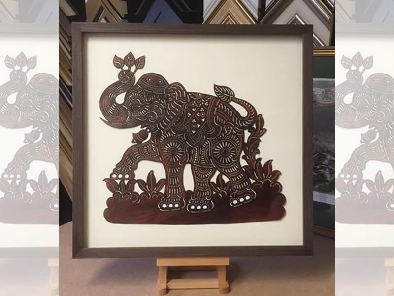 Cambodian artefacts, float mounted and framed with a oak box frame