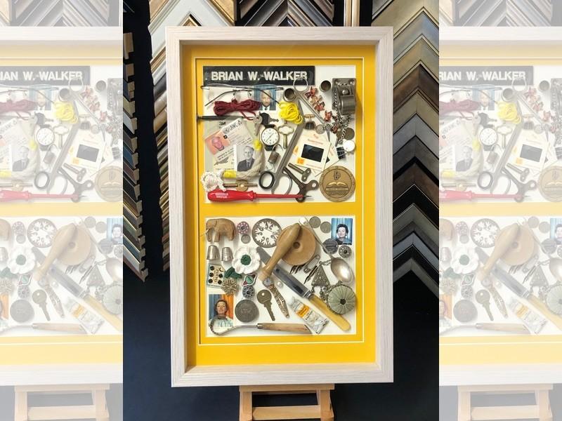 A husband and wife’s collection of memories, framed with a light grey box frame, mounted and glazed with Tru Vue reflection control glass.