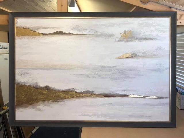 The finished job, stretched canvas framed with a scooped charcoal grey moulding with gold slip. The finished job, stretched canvas framed with a scooped charcoal grey moulding with gold slip.
