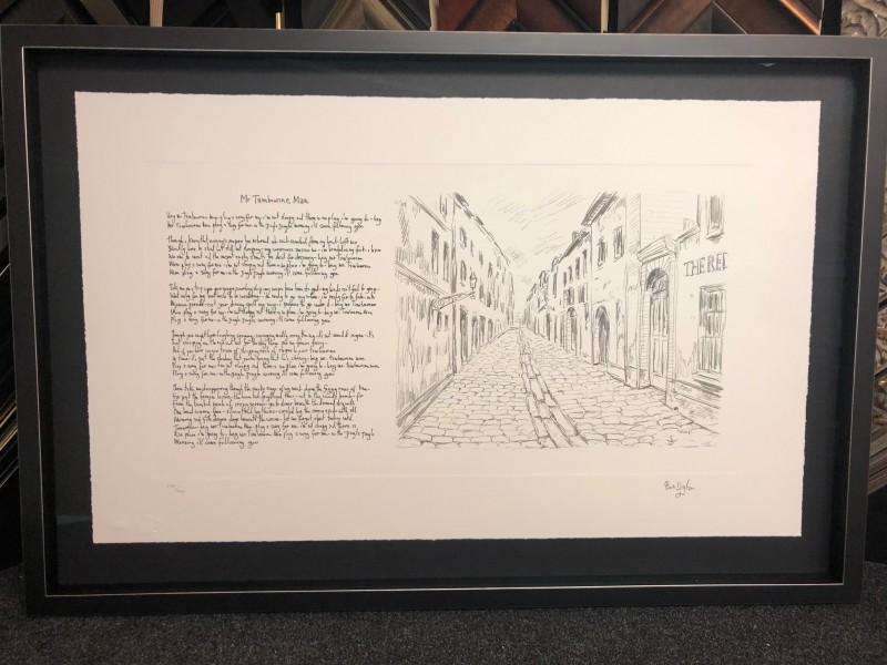 A limited edition print signed and numbered and including the lyrics to Mr Tambourine Man by singer/songwriter Bob Dylan, framed with a Matt black moulding with silver edges, float mounted and glazed with Tru Vue reflection glass. A limited edition print signed and numbered and including the lyrics to Mr Tambourine Man by singer/songwriter Bob Dylan, framed with a Matt black moulding with silver edges, float mounted and glazed with Tru Vue reflection glass.