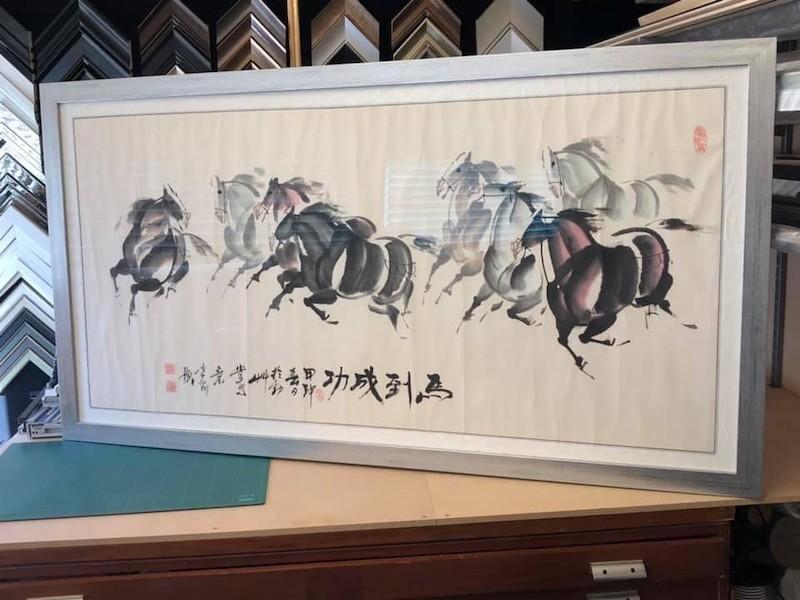 An original Japanese rice paper painting, framed with a flat brushed silver moulding and glazed with Tru Vue reflection could glass.
