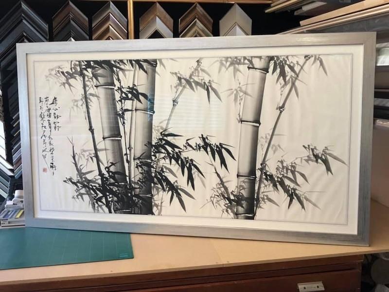 An original Japanese rice paper painting, framed with a flat bushed silver moulding and glazed with Tru Vue reflection could glass.