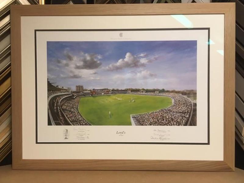 Lords print by cricketer Jack Russell, framed in solid oak frame with Tru Vue reflection glass.