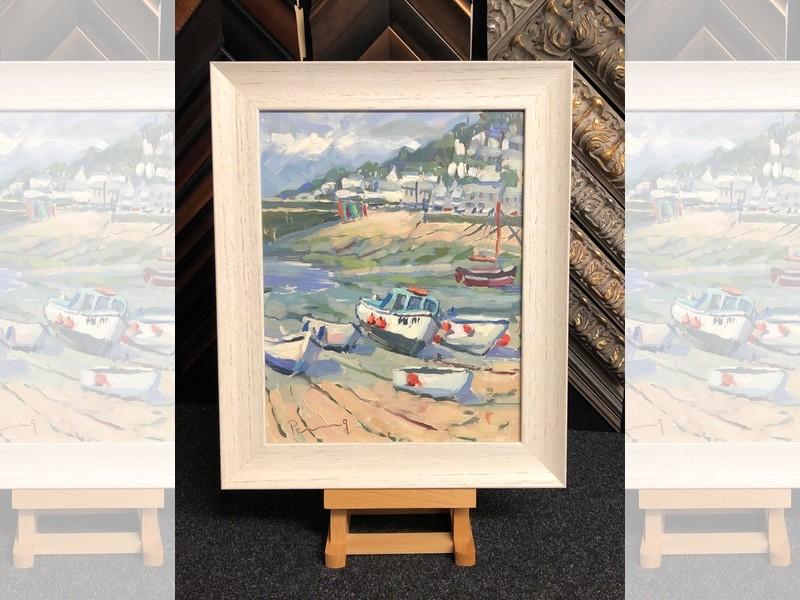 An oil painting on board, framed with a scooped white washed moulding. An oil painting on board, framed with a scooped white washed moulding.